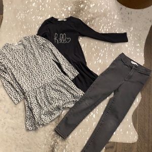 H&M leopard print dress and dark grey Zara jeans